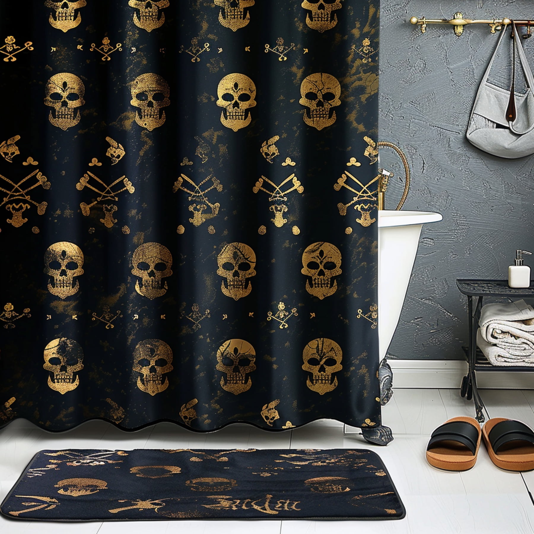 Skull & Bones Pirate Shower Curtain Gothic Style Black & Gold Pattern ...
