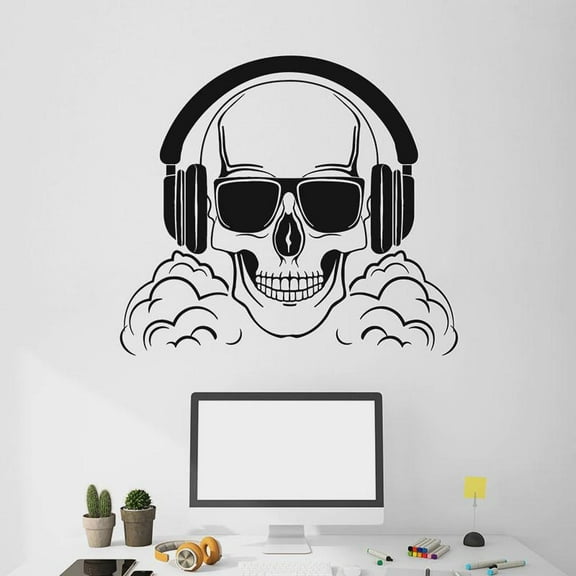 Skull Bones Wall Decal Headphones Funny Gamer Playroom Teens Bedroom Bar Interior Decor Music Vinyl Window Stickers Mural 57x64cm