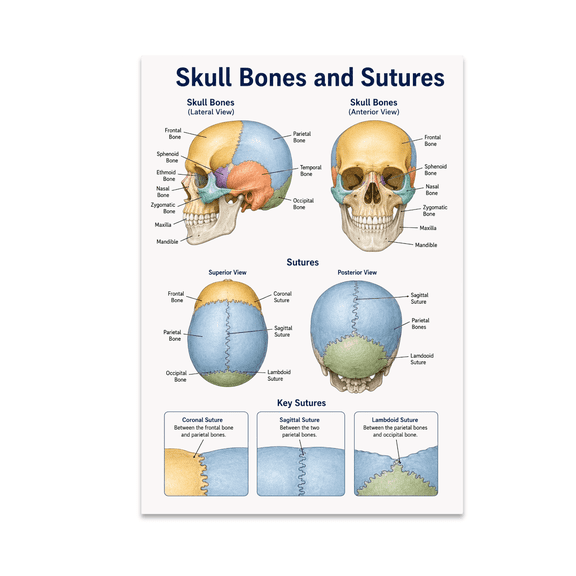 Skull Bones and Sutures Educational Reference - Anatomy Learners - 13x19 Poster Print