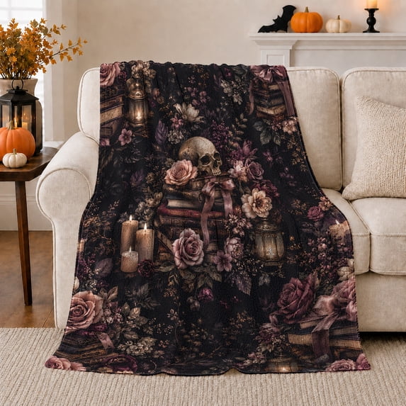 Skull on Books with Candles, Mystical Dark Academia Style for Gothic Fans, Floral Lantern Still Life and Just Because Gift, Cozy Flannel Blanket for Bedroom and Study Room, Dark Home Decor