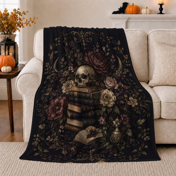 Skull on Books with Crescent Moons, Romantic Gothic Style for Gothic Fans, Floral Study Motif and Just Because Gift, Cozy Flannel Blanket for Bedroom and Reading Nook, Dark Home Decor