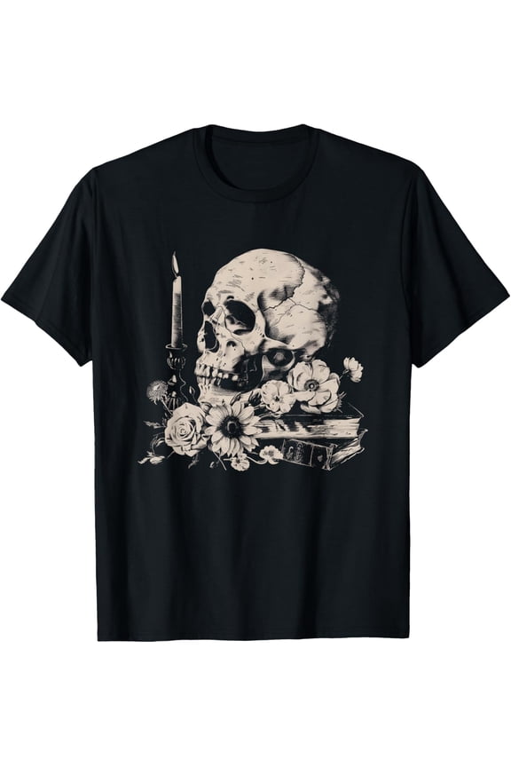 Skull Books Flowers Goth Reader Grunge Dark Alt Aesthetic T-Shirt