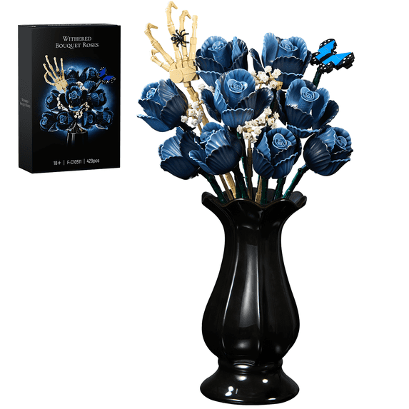 BuildingBoat Skull Bouquet Building Block Sets, Blue Gothic Flowers Roses, Halloween Room Decor, 429 pcs ABS plastic