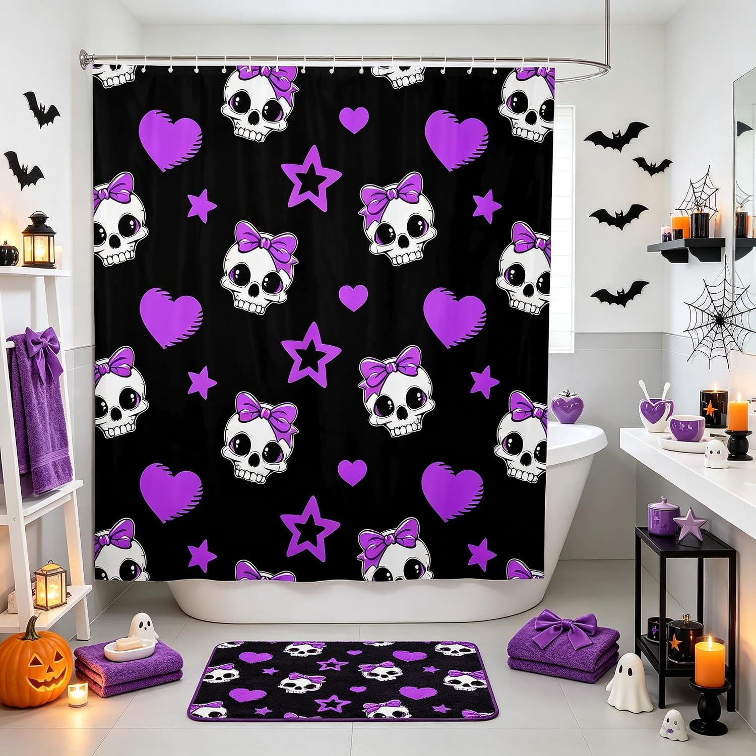 Boote Cartoon Skull Bowknot Cute Star Love Halloween Gothic Cartoon Black Shower ...