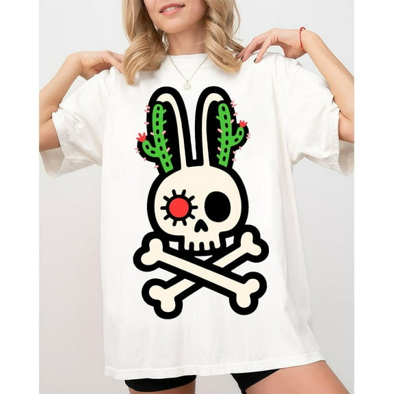 Skull Bunny Graphic Tee Top Fashion and Comfortable Casual Round Neck Short Sleeve Cotton Shirt fit White S-5XL