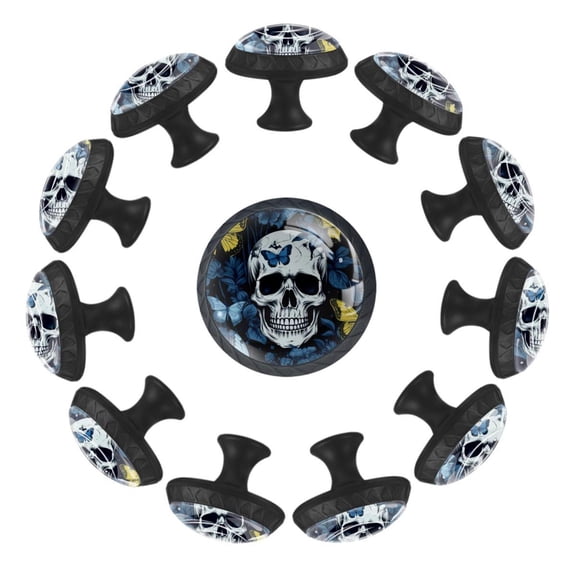 Skull with Butterflies Aesthetic Pattern 35MM Round Glass Cabinet Knobs, Kitchen Knobs for Drawer Dresser Cupboard Wardrobe Modern Pulls Handles Hardware, Set of 12