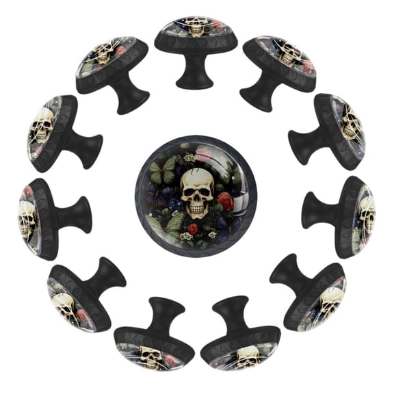 Skull and Butterflies Aesthetic Pattern 35MM Round Glass Cabinet Knobs, Kitchen Knobs for Drawer Dresser Cupboard Wardrobe Modern Pulls Handles Hardware, Set of 12