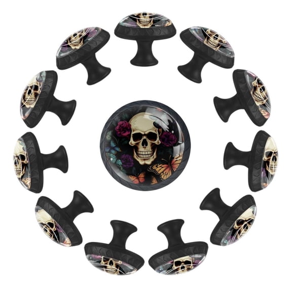 Skull with Butterflies Aesthetic Pattern 35MM Round Glass Cabinet Knobs, Kitchen Knobs for Drawer Dresser Cupboard Wardrobe Modern Pulls Handles Hardware, Set of 12
