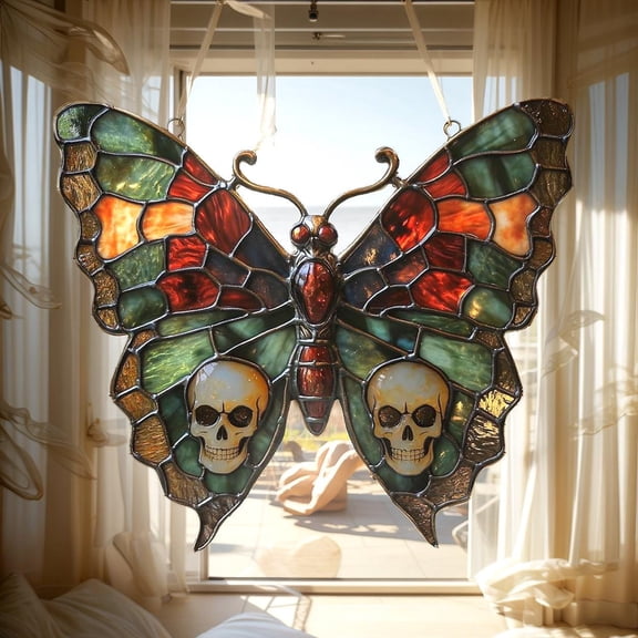 Skull Butterfly Faux Wavy Acrylic Wavy Acrylic Suncatcher, Gothic Window Hanging Decor Wings, Halloween Gift For Her Or Spooky Home
