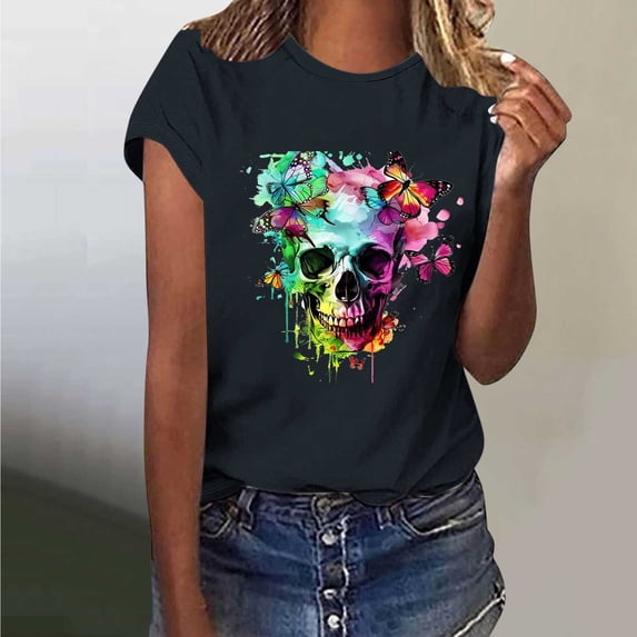 Skull Butterfly Graphic Tee Shirts for Women 2025,Sriper Gothic Clothes Tops,Tunic Top T-Shirt,Tunic Tops Graphic Tees,Cute Clothes,Playeras De Mujer,Black S