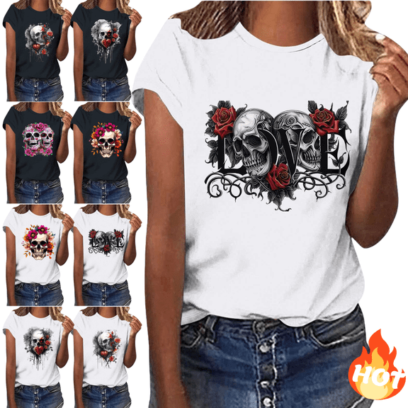 Skull Butterfly Graphic Tee Shirts for Women Fitted,Sriper Gothic Clothes Tops,Memorial Day Gift T Shirt Casual,Tunic Tops Graphic Tees,Trendy Clothes 2025,Blusas De Mujer,White M