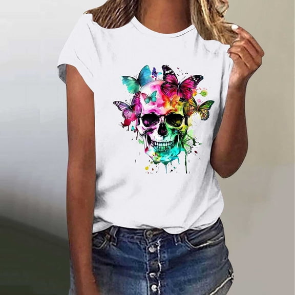 Skull Butterfly Graphic Tee Shirts for Women Fitted,Sriper Summer Blouses Dressy Casual,Memorial Day Gift T Shirt Casual,Solid Fashion Tunic Top,Going Out Tops Y2K,De Mujer Para,White M