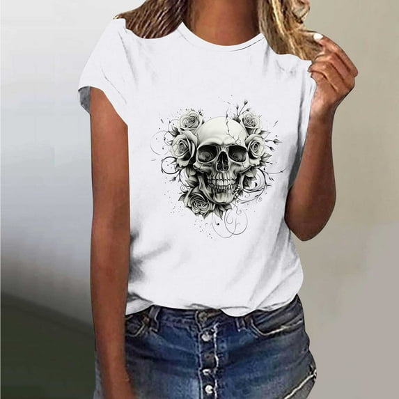 Skull Butterfly Graphic Tee Shirts for Women,Sriper Summer Blouses 2025 Trendy,Tunic Top T-Shirt,Tunic Tops Graphic Tees,Going Out Tops Trendy,Playeras De Mujer,White M
