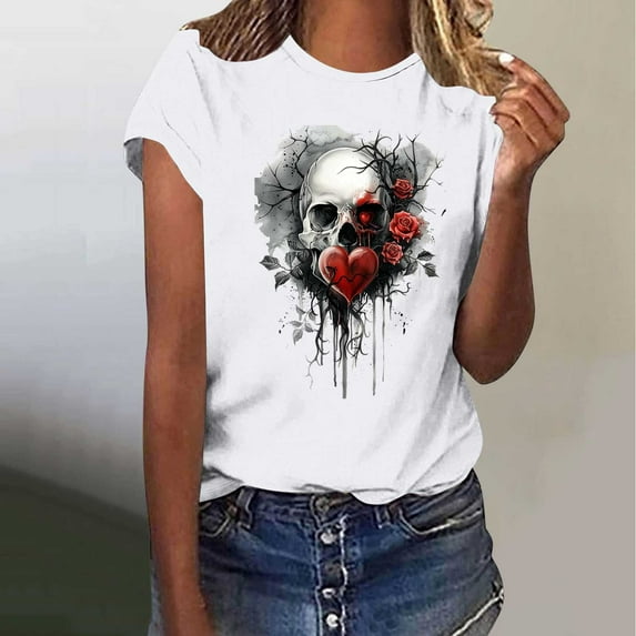 Skull Butterfly Graphic Tee Shirts for Women Vintage,Sriper Summer Blouses 2025 Plus Size,Solid Fashion Tunic Top for Beach Party,Going Out Top,De Mujer Para,White S