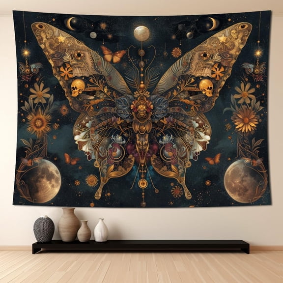 Skull Butterfly Tapestry for Bedroom Gothic Skull Moth Tapestry Celestial Star Moon Floral Tapestries Aesthetic Wall Art for Bedroom Dorm Living Room Decor (40 X 30 Inches)