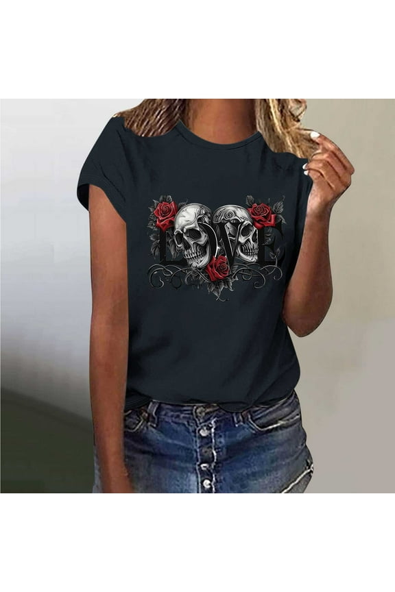 Skull Butterfly Tee Shirts for Women,Sriper Summer Blouses Casual,Solid Fashion Tops for Beach Party,Solid Fashion Graphic Tees,Trendy Clothes,Playeras De Mujer,Black XL