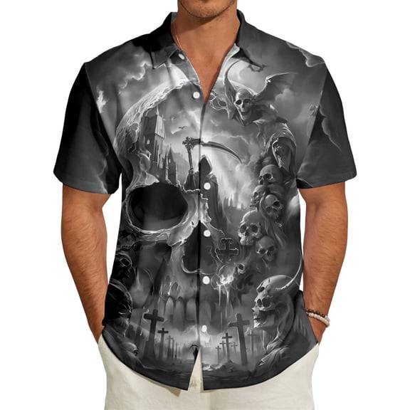 Skull Button Up Shirts for Men Gothic Casual Button Down Short Sleeve Tropical Beach Shirt for Holiday Party fit