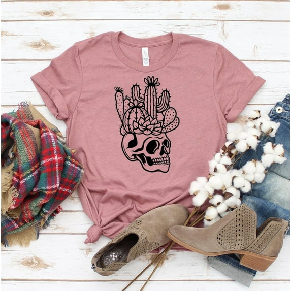 Skull Cactus T-shirt Skeleton Plants Shirt Halloween Gift Western Tee Sarcastic Top Women's Shirts Plant Lover Mom Cow Dessert Country Boho Cowgirl