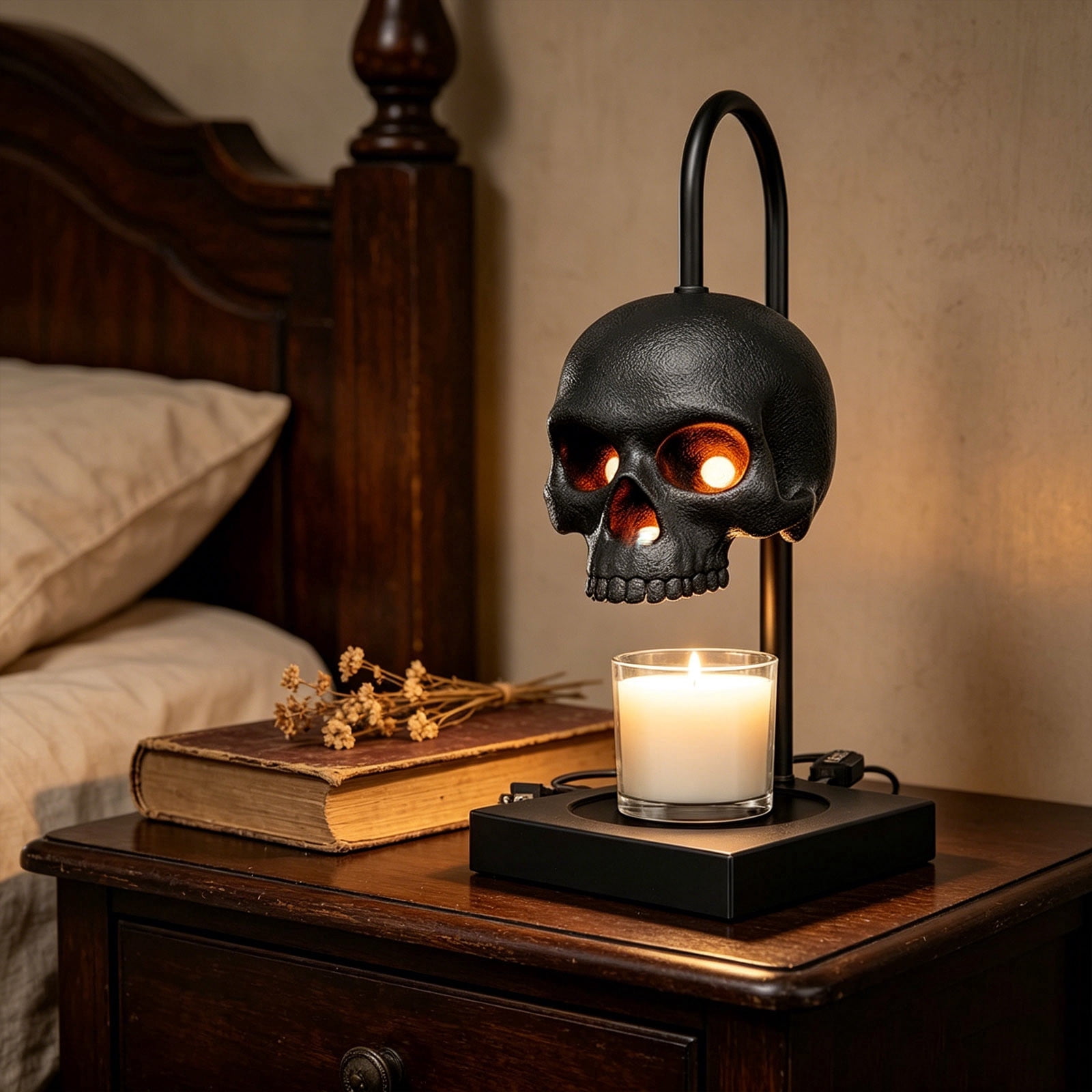 Skull Candle Warmer Lamp with Timer & Dimmer (Candles NOT Included) – Black Gothic Table Lamp Candle Warmer Adjustable Height, Skull Decor- Lamps for Spooky Home & Witchy Gifts