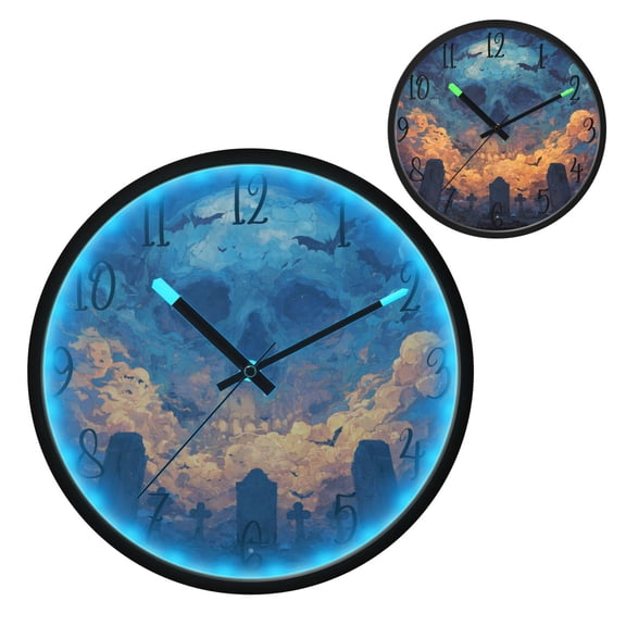 Skull Cemetery Luminous Wall Clock with Sound-Activated LED 12-Inch Silent Acrylic Timepiece for Bedroom Livingroom or Office