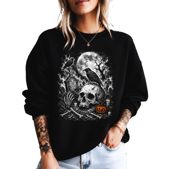 Skull Cemetery Sweatshirt for Women Graveyard Halloween Crewneck, Black Sweatshirt, M