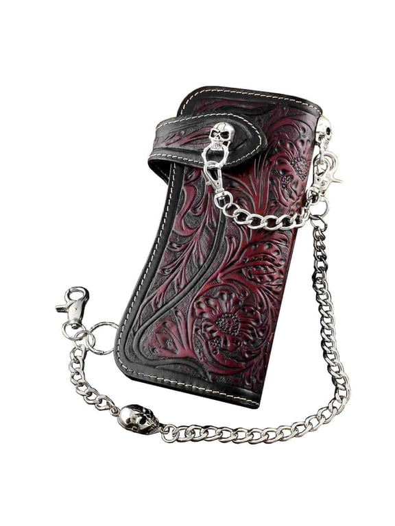 Skull Chain Wallet Long Leather Craft Bag With Metal Chain For Mens L69