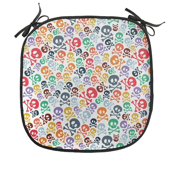 Skull Chair Seating Cushion, Halloween Themed Colorful Skulls and Crossbones Funny Cartoon Style Pattern Print, Soft Seat Pads for Office with Anti-slip Backing, 16"x16", Multicolor, by Ambesonne