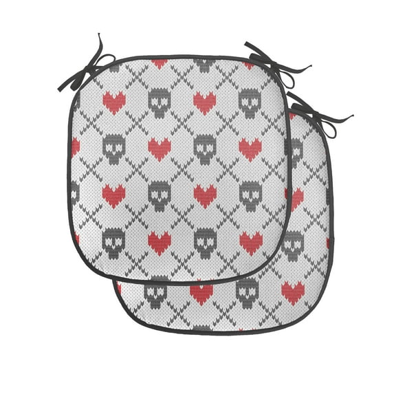 Skull Chair Seating Cushion Set of 2, Geometric Skulls and Hearts Crosses Stitch Work Knitted Nordic Pattern Print, Seat Pads for Office with Anti-slip Backing, 16"x16", Grey Red Coconut, by Ambesonne
