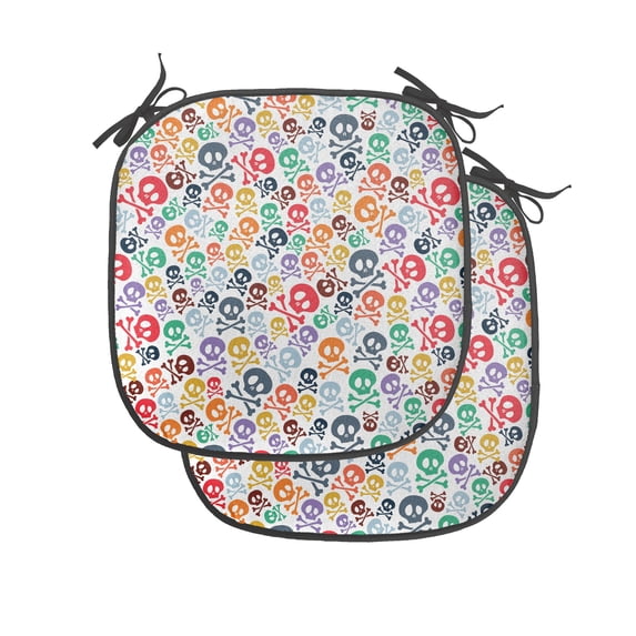 Skull Chair Seating Cushion Set of 4, Halloween Themed Colorful Skulls and Crossbones Funny Cartoon Style Pattern Print, Seat Pads for Office with Anti-slip Backing, 16"x16", Multicolor, by Ambesonne