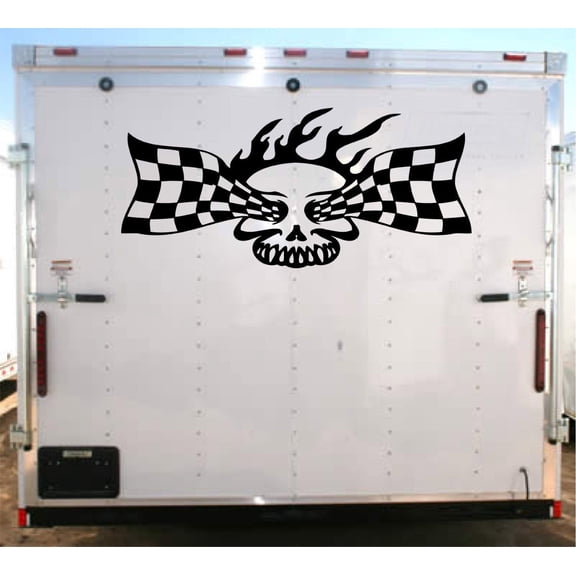 Skull Checkered Flag Decal Trailer Vinyl Decal Custom Text Trailer Sticker YT501