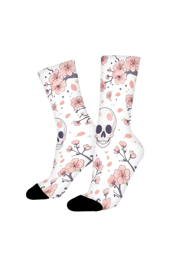 Skull Cherry Blossom Funny Novelty Crew Socks for Women Men Sports