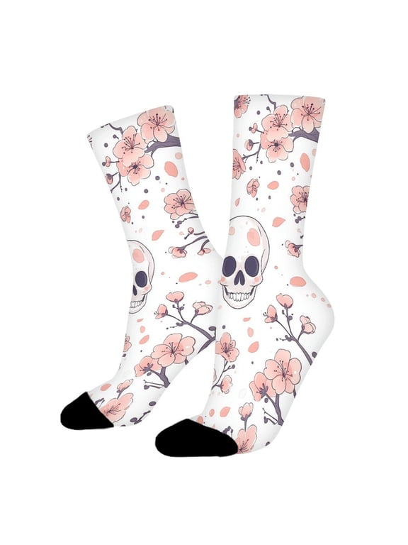 Skull Cherry Blossom Funny Novelty Crew Socks for Women Men Sports