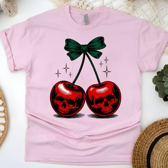 Skull Cherry Graphic T-Shirt, Edgy Unisex Alternative Punk Style Tee , Light Pink, Size XL