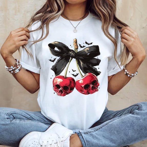 Skull Cherry Shirt, Trendy Shirt, Coquette Bow Shirt, Hocus Pocus Shirt, Spooky Season Shirt, Spooky Cherry Shirt All Size S-5Xl