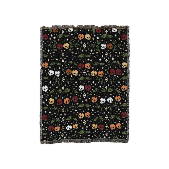 Skull Cherry, Stars and Diamond Pattern in Black, Orange, Red and Green Woven Blanket, 100% Cotton, Gothic Decor