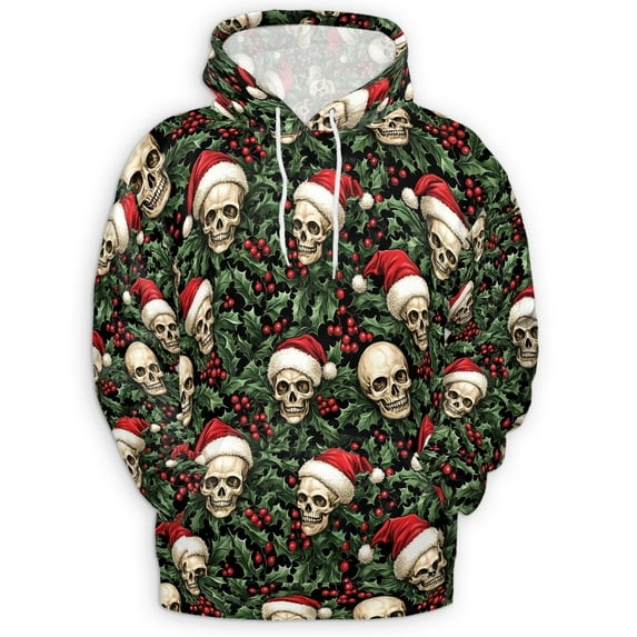 Skull Christmas Hoodie with Santa Hats and Holly, Spooky Holiday Design with Red Berries, Cozy Pullover for Alternative Christmas Style, Perfect for Holiday Enthusiasts