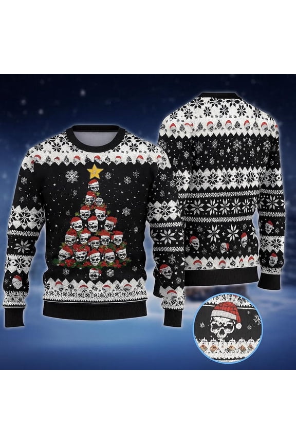Skull Christmas Ugly Sweater, Funny Holiday Sweater, Spooky Festive Xmas Outfit, Unique Winter Party Sweater Gift Idea