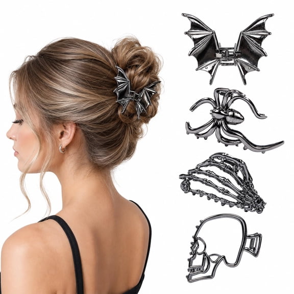 Skull Clip 4-Piece Halloween Zinc Alloy Hair Claw Clips Set for Styling | Seasonal Costume Accessory, Bun Accent for Updos, Half-Up Hairstyle Detail