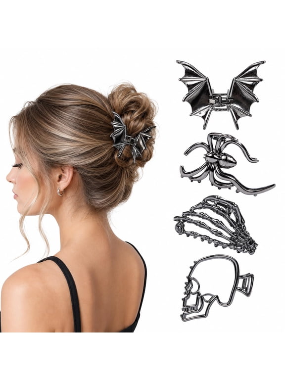 Skull Clip 4-Piece Halloween Zinc Alloy Hair Claw Clips Set for Styling | Seasonal Costume Accessory, Bun Accent for Updos, Half-Up Hairstyle Detail