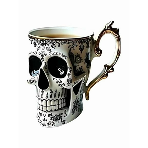 Skull Coffee Mug, Royal Skull Coffee Mug, Gothic Porcelain Tea Cup With Gold Trim, Skul l-Coffee Mu g Halloween Gifts for Coffee Lovers And Collectors,Black