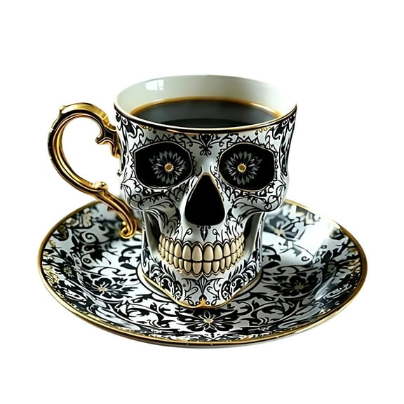 Skull Coffee Mug With Saucer Set, Cebalnir Gothic Porcelain Tea Cup Ornates Gold-Trimmed-Skull Coffee Mug Funny Ceramic Tea Cup-Diabolical Bonehead Cup