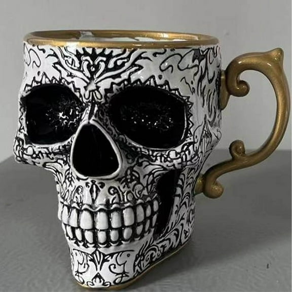 Skull Coffee Mug with Saucer Set Gothic Porcelain Tea Cup for Home Decor, Elegant Drinkware for Espresso and Beverages, Novelty Gift for Collectors(C)