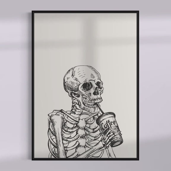 Skull Coffee Print: Gothic Skeleton Wall Art, Unframed Canvas 8x10in