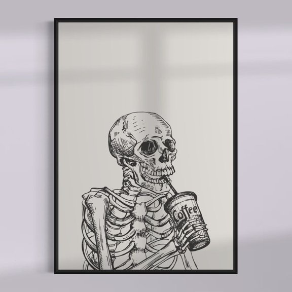 Skull Coffee Print: Gothic Skeleton Wall Art, Unframed Paper Poster 8x10in