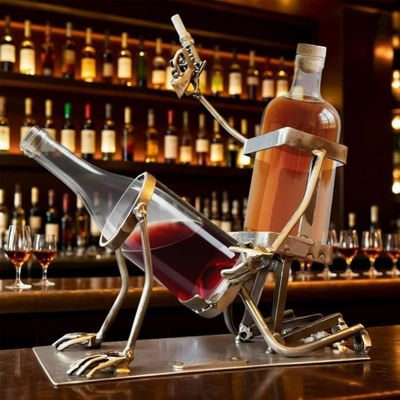 Skull Coke and Wine Bottle Stand, nny Metal Skull Skeleton Bar Decor for Whiskey, Beer, Steampunk Style Beverage Display Stand for Home, Kitchen, Man Cave Gift, Hallween (Metallic)