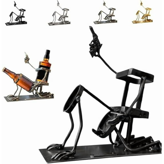 Skull Coke and Wine Bottle Stand, nny Metal Skull Skeleton Bar Decor for Whiskey, Beer, Steampunk Style Beverage Display Stand for Home, Kitchen, Man Cave Gift, Hallween (Black)