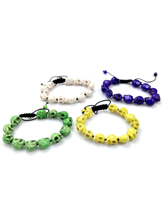 Skull Colorful Adjustable Macrame Bracelet set of 4 Created Turquoise Skeleton Beads Tibetan Prayer Yoga Meditation for Men Women Husband Boyfriend Boys