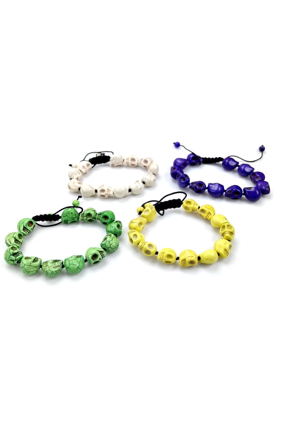 Skull Colorful Adjustable Macrame Bracelet set of 4 Created Turquoise Skeleton Beads Tibetan Prayer Yoga Meditation for Men Women Husband Boyfriend Boys