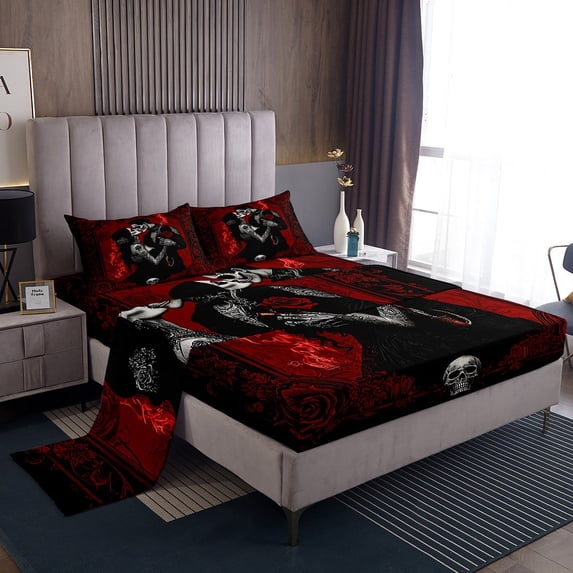 Skull Couple Queen Bed Sheets Set,Kissing Lovers Skeleton Sheet Set,Vintage Rose Flower Sheets,Gothic Spooky Lover Flat Fitted Sheet Valentine'S Day Sheet Set With 2 Pillowcases