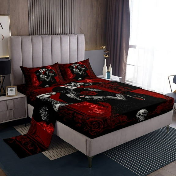 Skull Couple Queen Bed Sheets Set,Kissing Lovers Skeleton Sheet Set,Vintage Rose Flower Sheets,Gothic Spooky Lover Flat Fitted Sheet Valentine'S Day Sheet Set With 2 Pillowcases